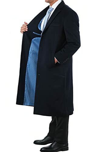 Man in dark overcoat revealing blue lining