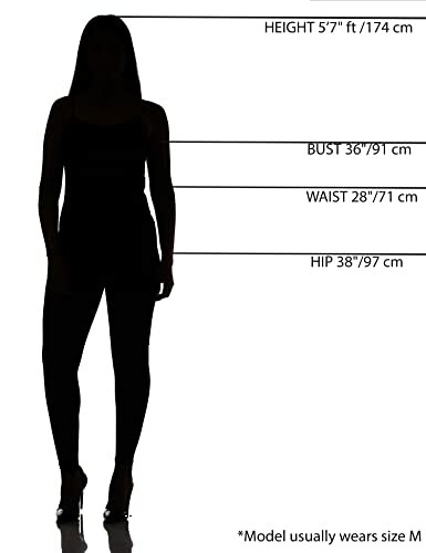 Silhouette of a model with height, bust, waist, and hip measurements indicated.